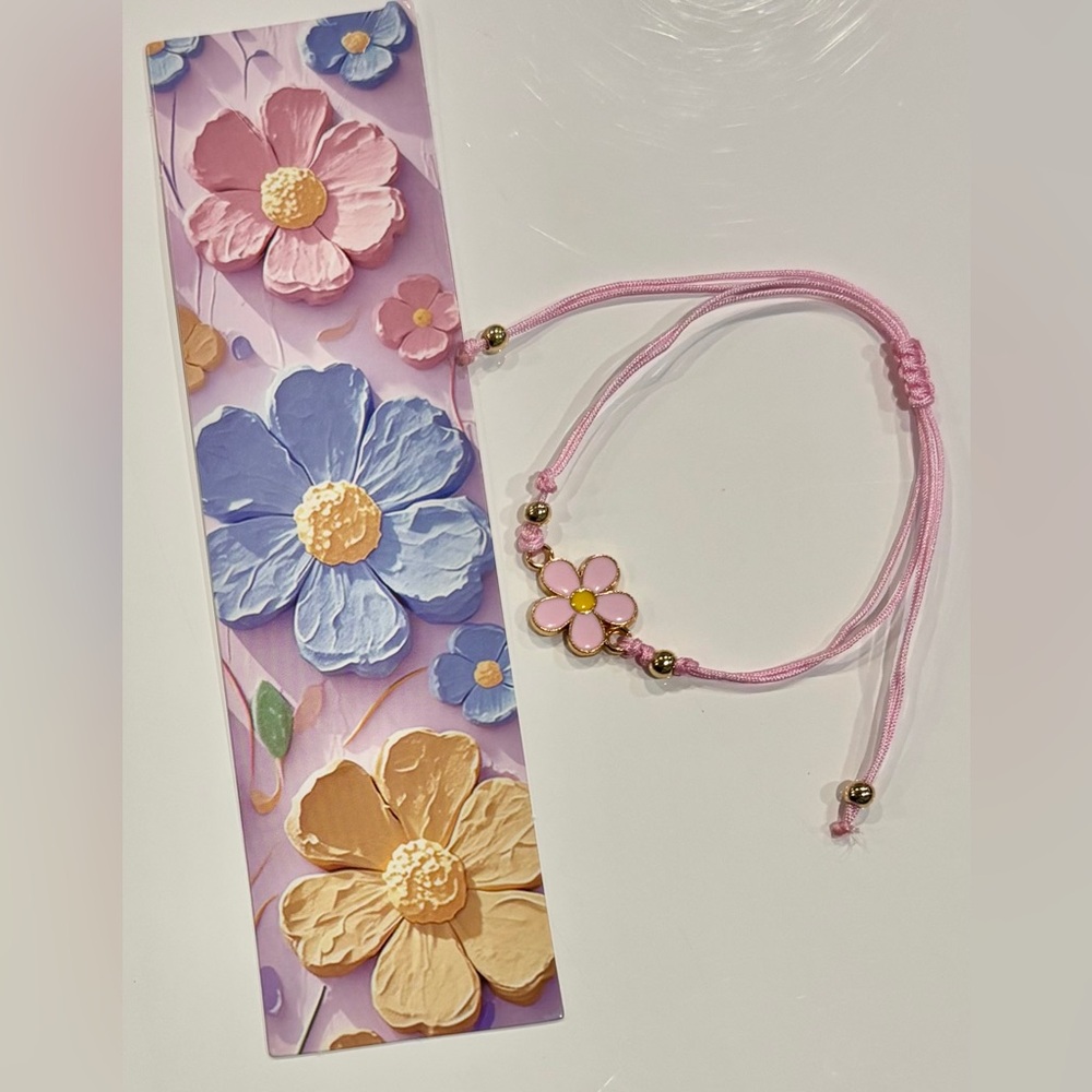 Pink Flower Cord Bracelet with Enameled Daisy Charm and Matching Bookmark